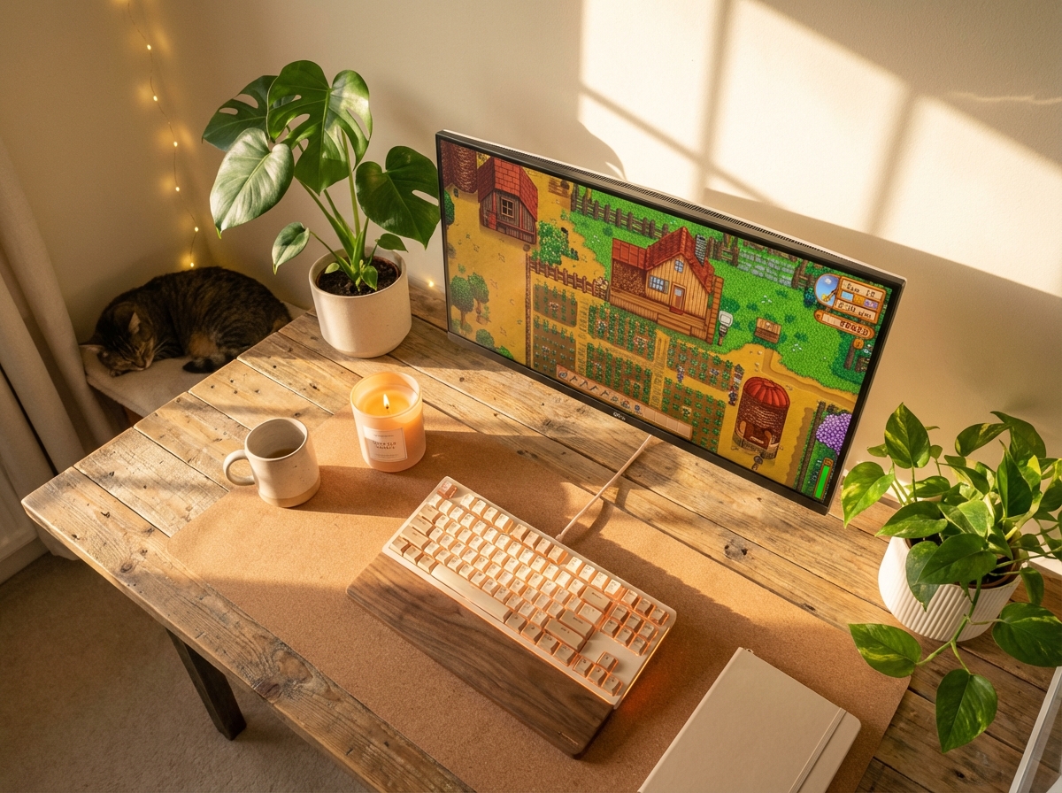 A beautifully organized cozy gaming desk with warm lighting, plants, and a mechanical keyboard